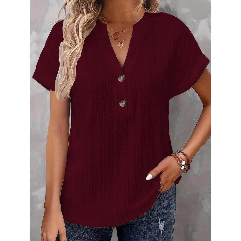 2024 Spring Summer European and American Cross-Border Amazon Independent Station New Women's Fashion Casual Solid Color Button V-Neck T-Shirt for