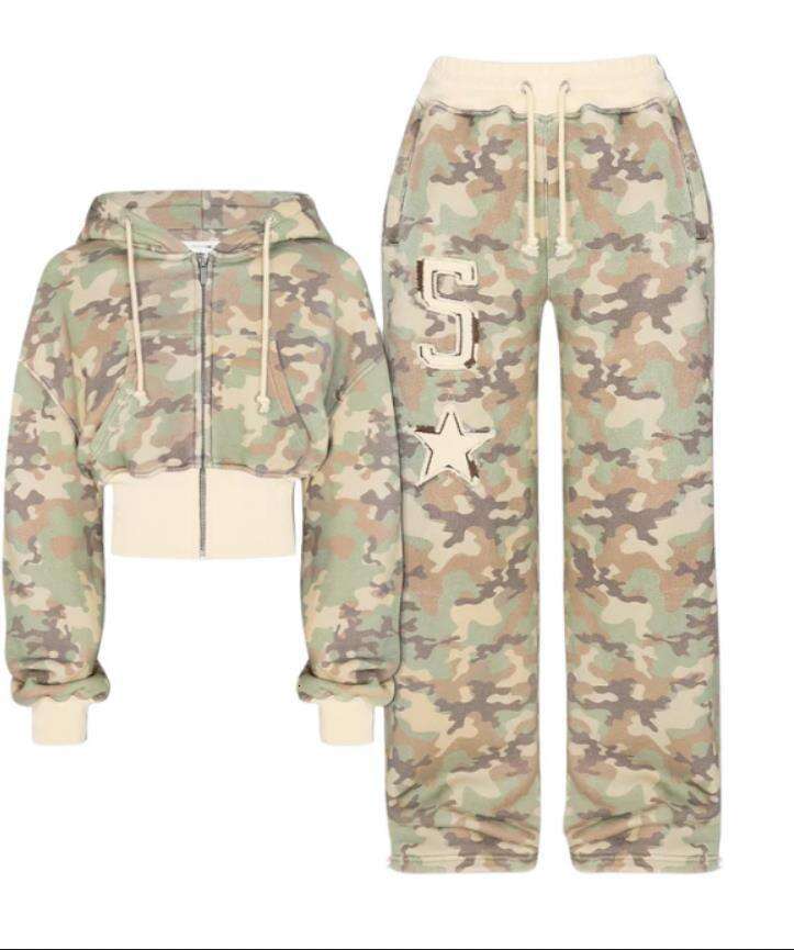 European American popular clothing, camouflage cardigan, long sleeved pants set, women's 2025 new style, chic and elegant clothing