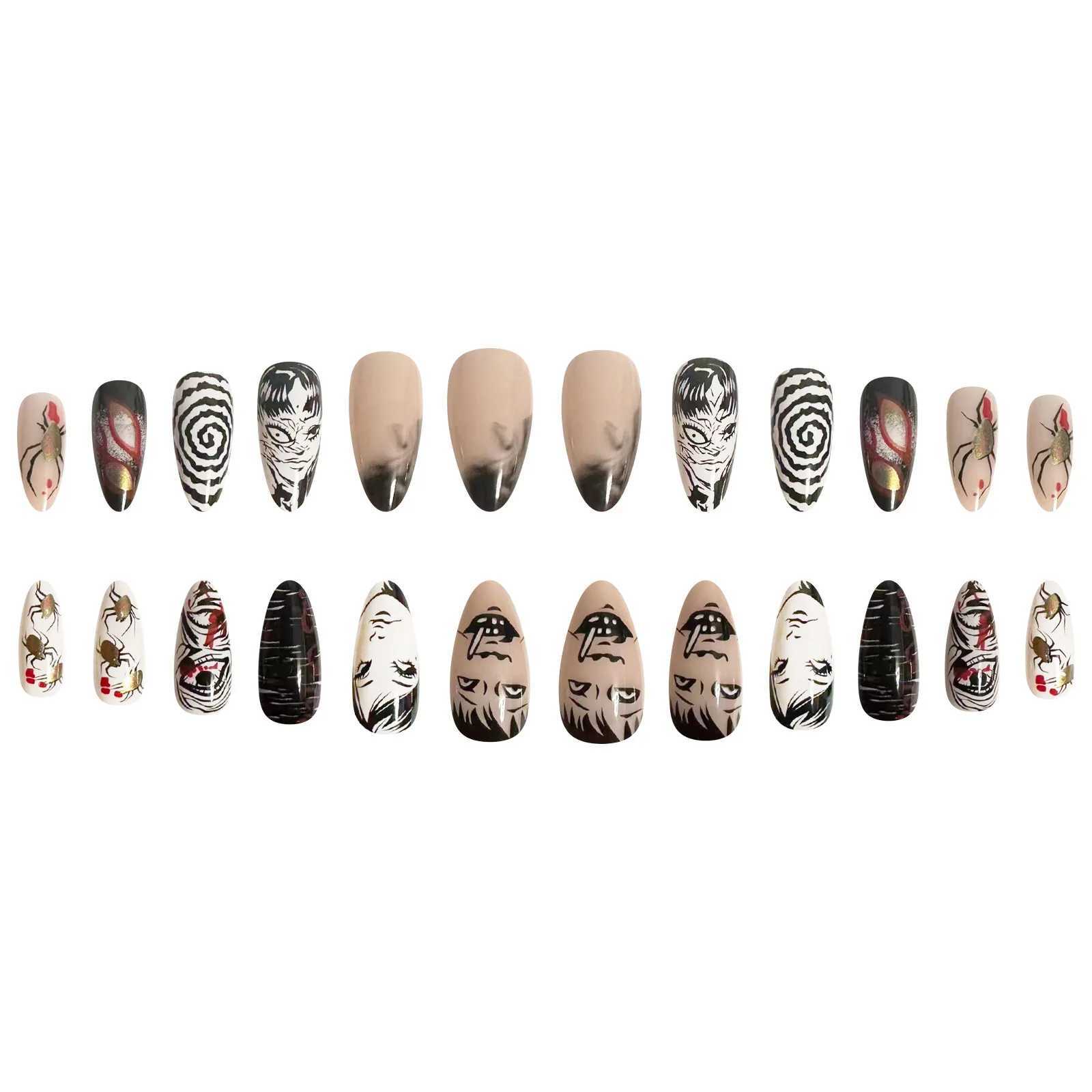24 pieces of black spider fake nails y2k punk style girls painting fake nails complete set wearable Japanese almond press nail tips W250410