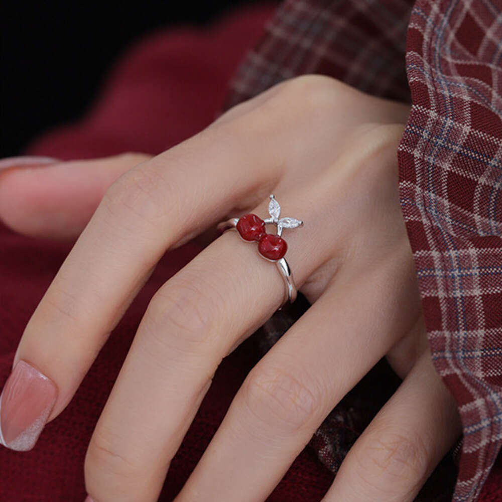 DHcollections Sweet and Exquisite Bowknot Cherry for Women Gentle Style Niche Fashionable Commuting Versatile Index Finger Ring