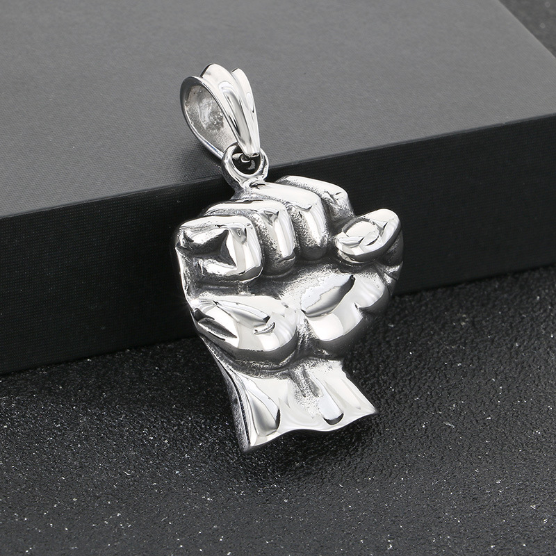 Retro Fitness Fist Pendant Necklace Stainless Steel Gold Plated Mens SportsJewelry