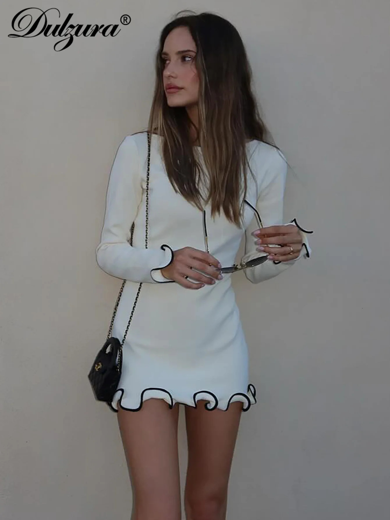 Dulzura ONeck Long Sleeves Ruffles Patchwork Bodycon Mini Dress Sexy Elegant Outfit Party Club Streetwear Autumn Winter Clothes 251110