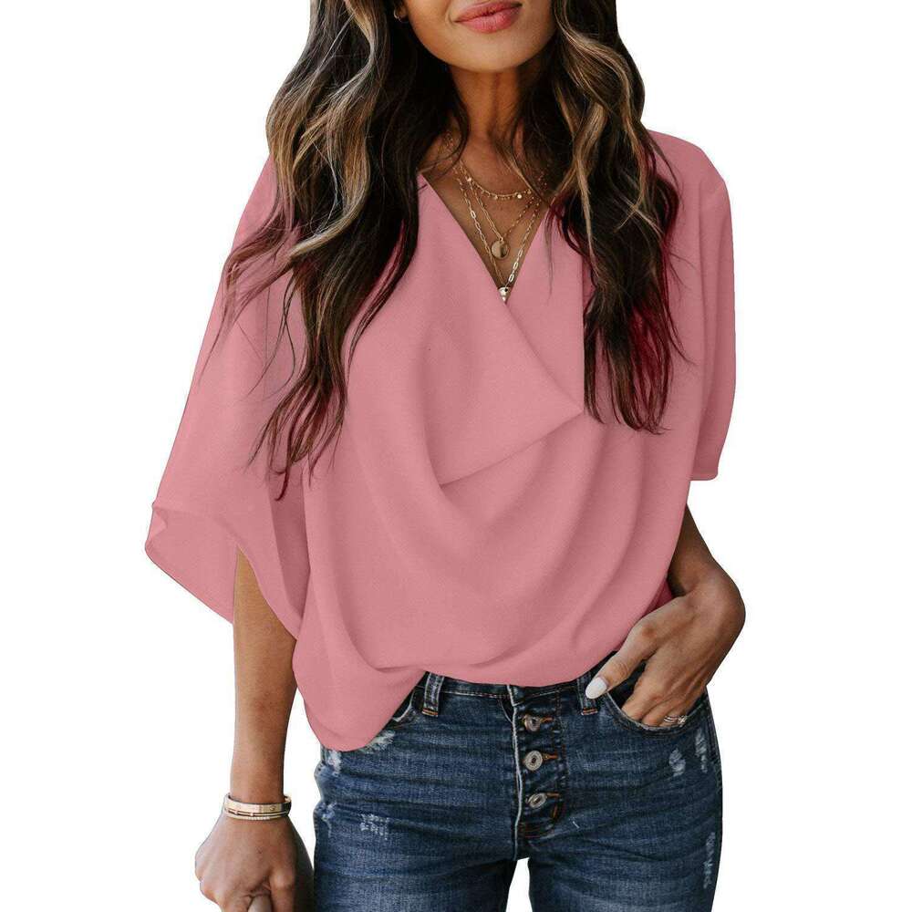 2023 Amazon Wish Independent Station New European and American Chiffon Shirt Loose V-Neck Casual Top T-Shirt Women's Clothing