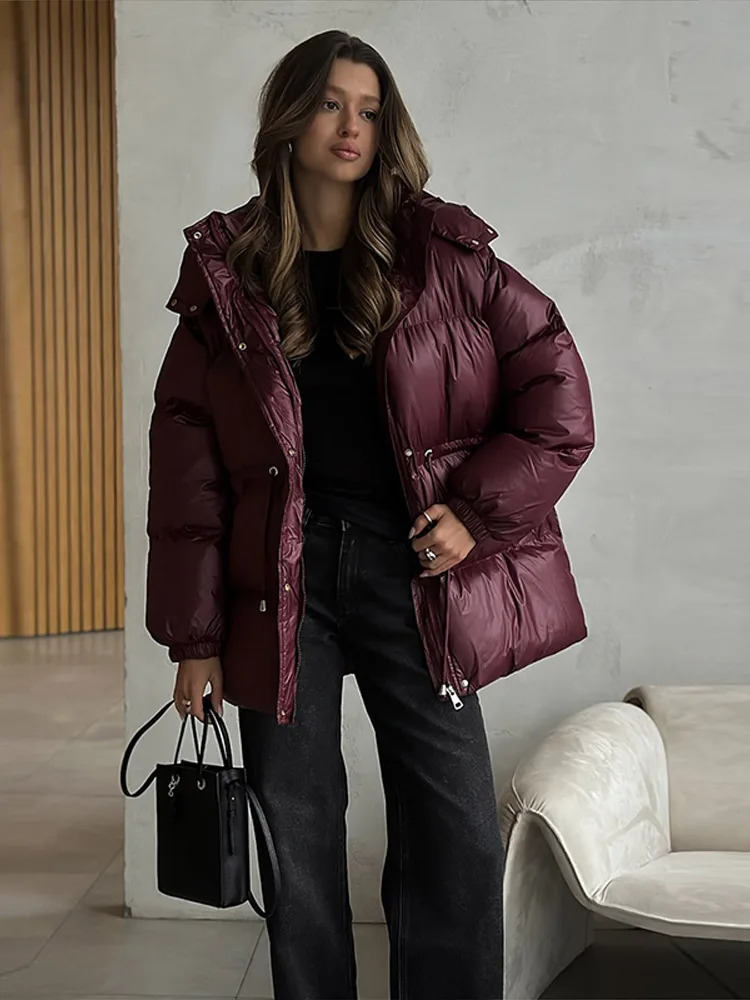 Glossy Shiny Women s Down Jackets Vintage Hooded Zipper Puffer Full Sleeve Jackets For Woman 2025 Woman Winter Coats Outwears 251107