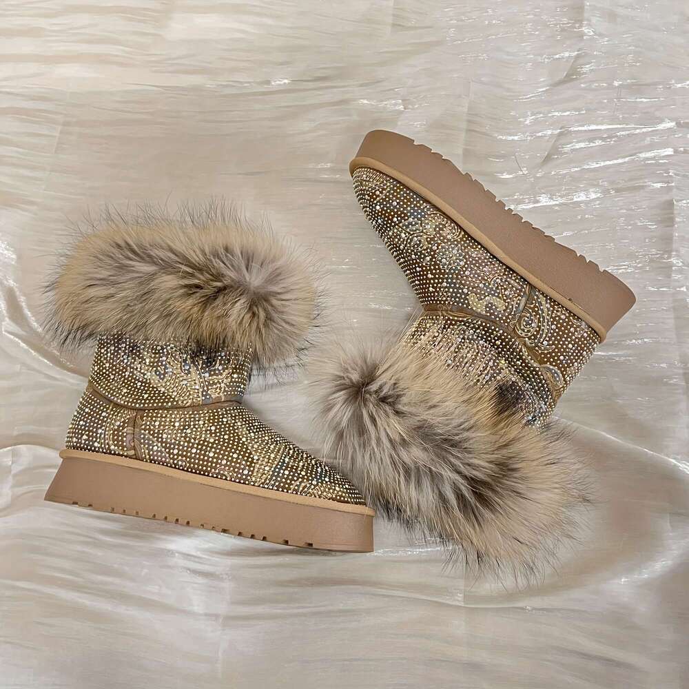Women's Rhinestone Snow - Thick Sole Mid-Calf With Fluffy Trim, Glittery Round Toe Design, And Warm Insulation For Cold Weather, Winter Boots