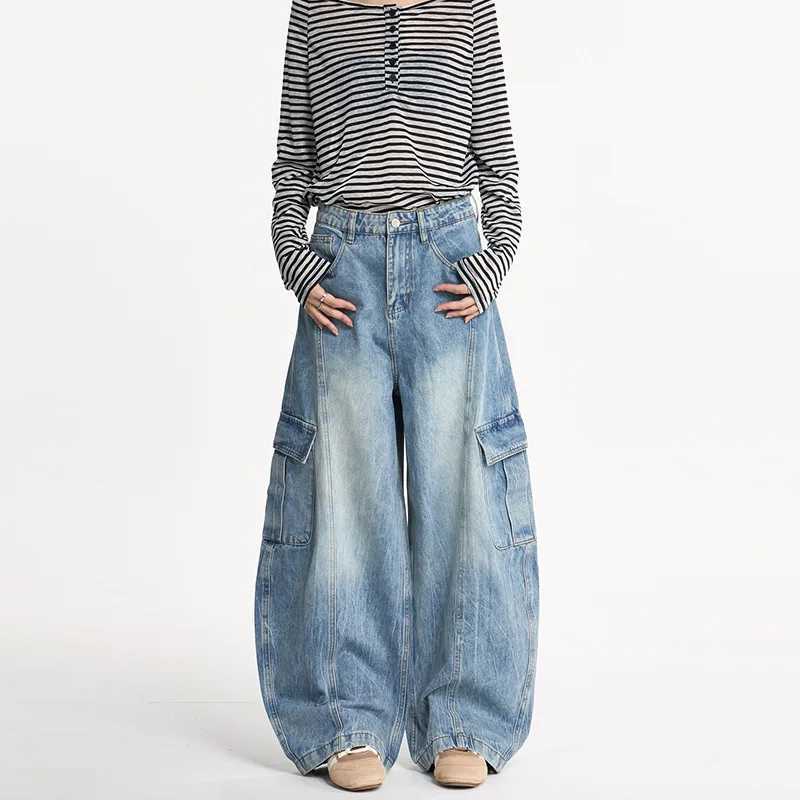 American-style Washed Lightning-Stitch Patchwork Oversized Pocket Workwear Pants Unisex Oversized Fit Denim Trousers Soft C251110