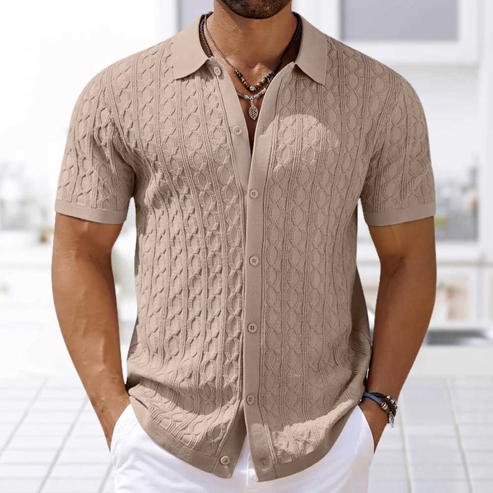 Mens lightweight luxury button casual knitted shirt popular retro solid color short sleeved fashionable jacquard knitted X250410