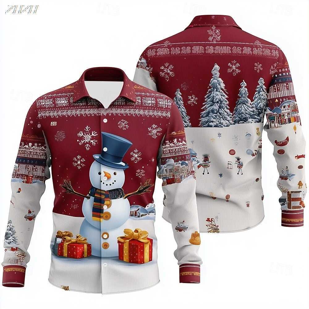 2025 Mens Snowman Snowflake Christmas Shirt 3D Print Button Up Collared Funny Holiday Long Sleeve Spring Fall Party Wear K251110