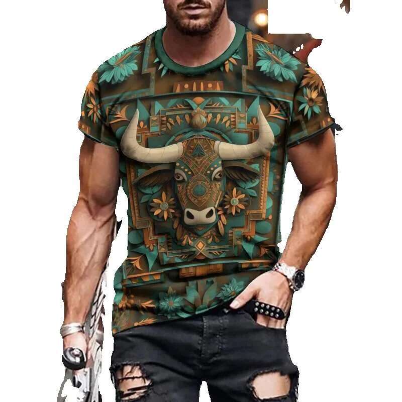 American men's 3D retro cow and sheep college T-shirt, summer street, short sleeved, round neck, Y-ADT T-shirt