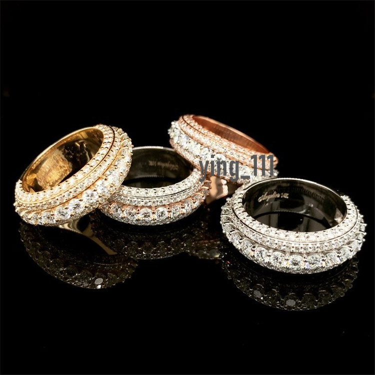High Quality 925 Sterling Silver Ring Pass Diamond Tester 5 Rows VVS Moissanite Diamond Finger Ring Gold Plated Hip Hop Jewelry