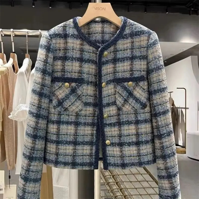 Autumn Korean Small Fragrant Coat Women Short Jacket Female Tweed Wool Outwear Casual Plaid Blazer Tops Ladies 251110