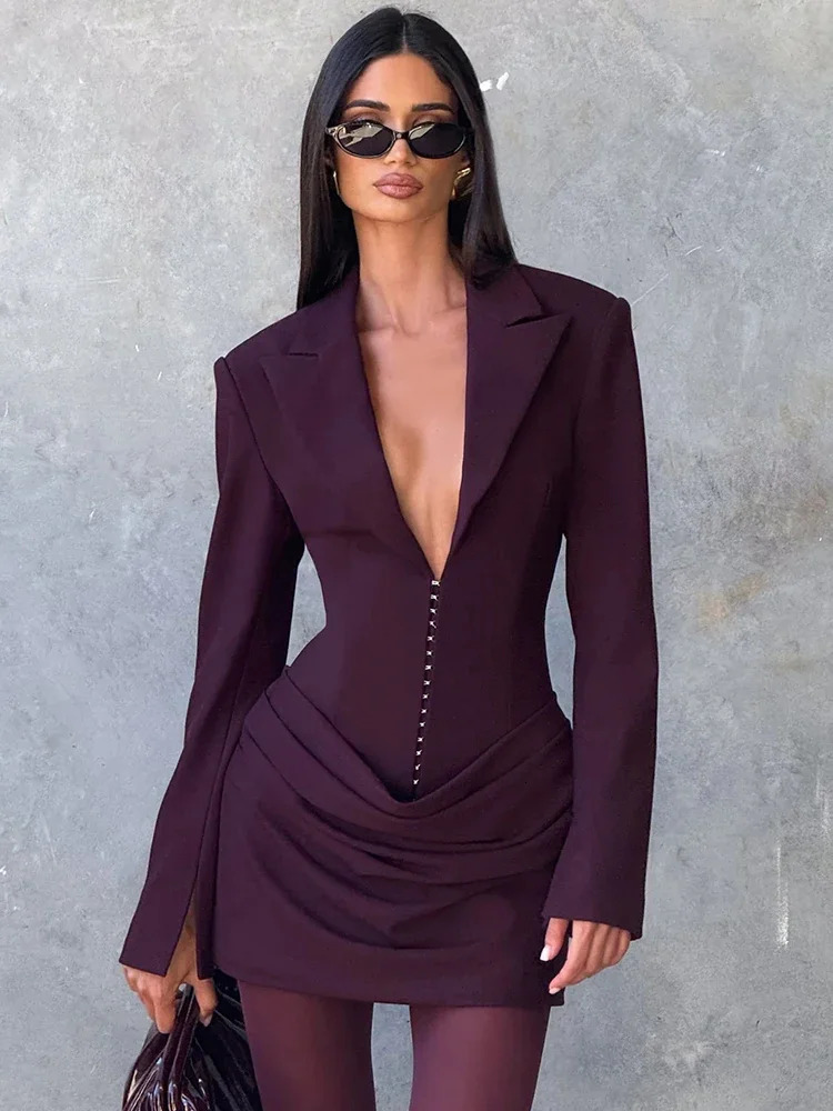 Chaxiaoa Long Sleeve Deep V Neck Ruched Sexy Mini Dress Women Autumn Winter Fashion High Waist Club Party Blazer Dresses Female 251110