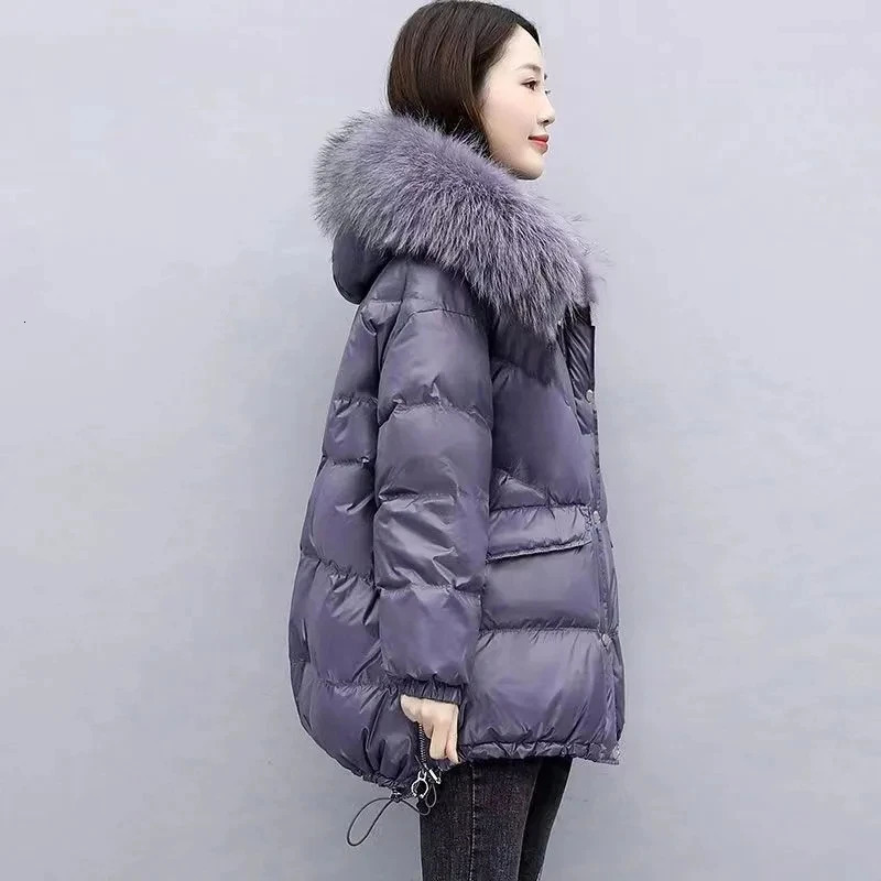 2025 Winter Warm Down Cotton Jacket With Large Fur collar Hooded Coat Loose Women Thicken Parker Puffer Overcoat Casual wear 251107