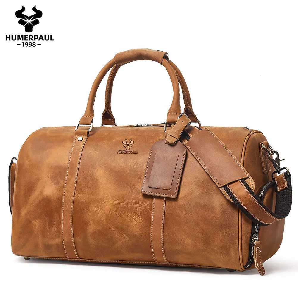 Mens Crazy Horse Leather Duffle Bag Large Capacity Travel Luggage Bag Fits 15 Laptop Shoes Durable Totes Bags for Business K251110