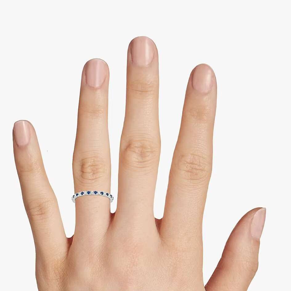 Hand Made Pave Blue VVS Moissanite Diamond Eternity 14k Gold Ring