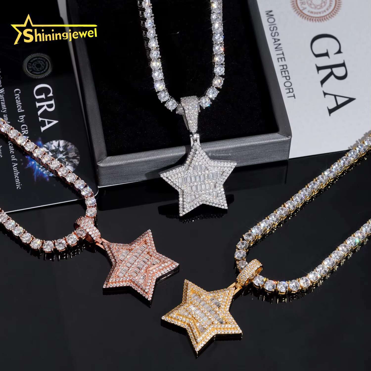 New Design Fine Jewelry Solid 925 Sterling Silver Gold Plating Hip Hop VVS Diamond Necklace Moissanite Iced Out Star Pendant