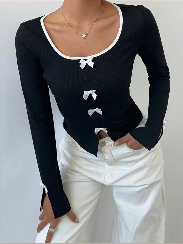 Heliar Womens Bow Stickers Tshirt Cute y2k Cut Top Ultra Thin Long Sleeve Spring Clothing Zipper 250407