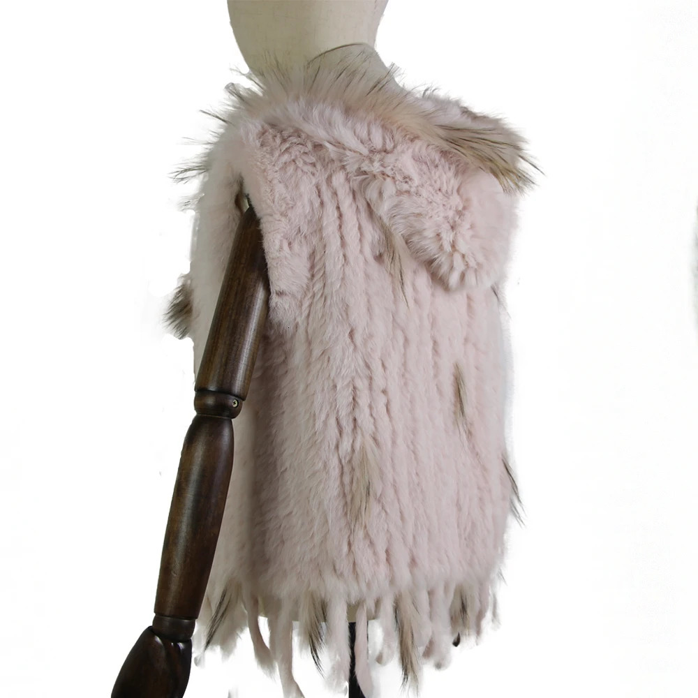 Harppihop fashion rabbit fur vest raccoon trimming knitted with hood waistcoat gilet 251110