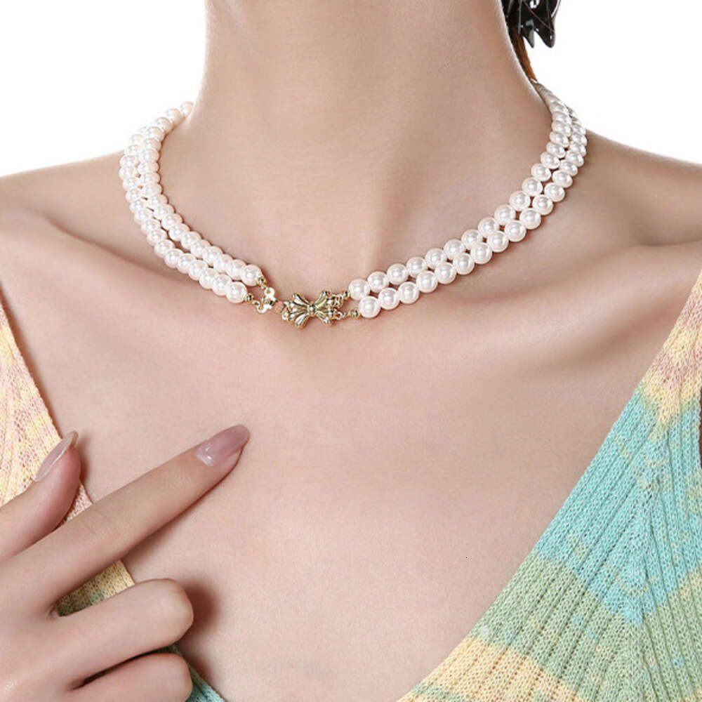 French Style Layered Bowknot Pearl for Women, High-end Luxury Cross-border Collarbone Chain, Elegant Versatile Necklace Wholesale