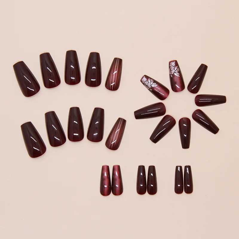 24 pieces of deep red charm pressed on nails pink gradient fake nails smooth artificial fingers reusable female fake nails W250410