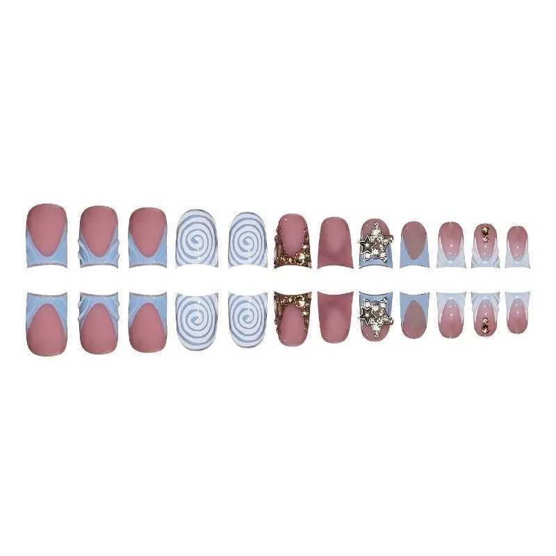 24 pieces of short duckbill fake nails wearable blue French fake nails Star Flash Rhinestone decoration gradient y2k nail press nails W250410