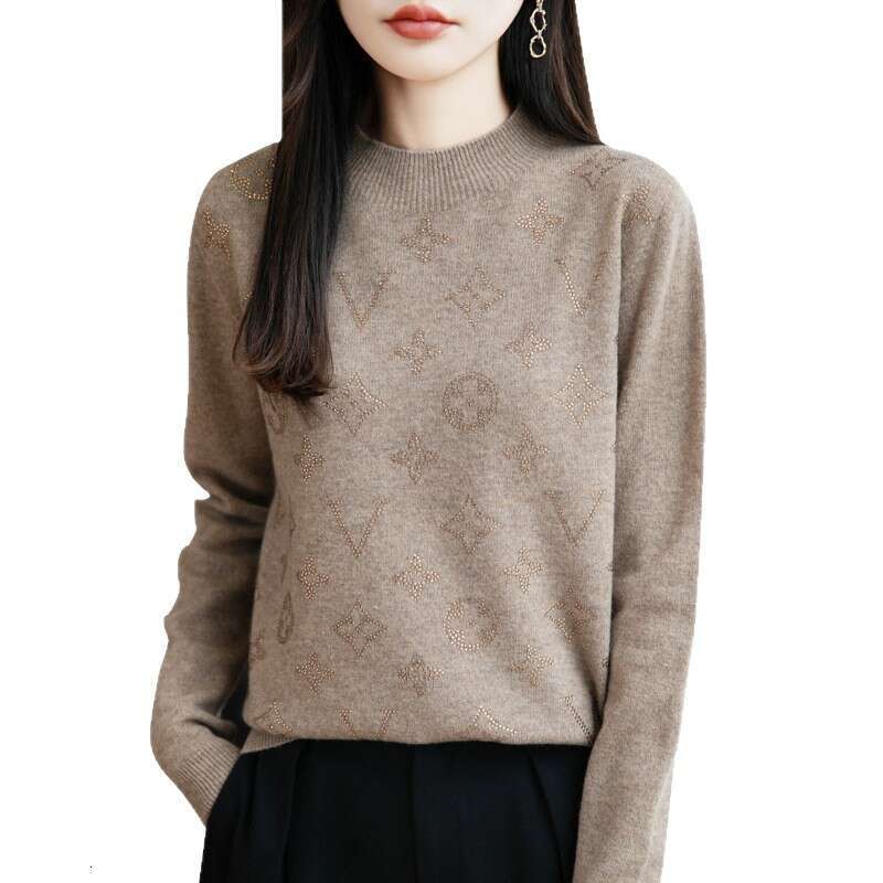 Elegant Knitted Woolen Sweater Half High Collar Slimming Women's Fine Spun Wool Diamond-Encrusted Base Shirt Comfortable Casual