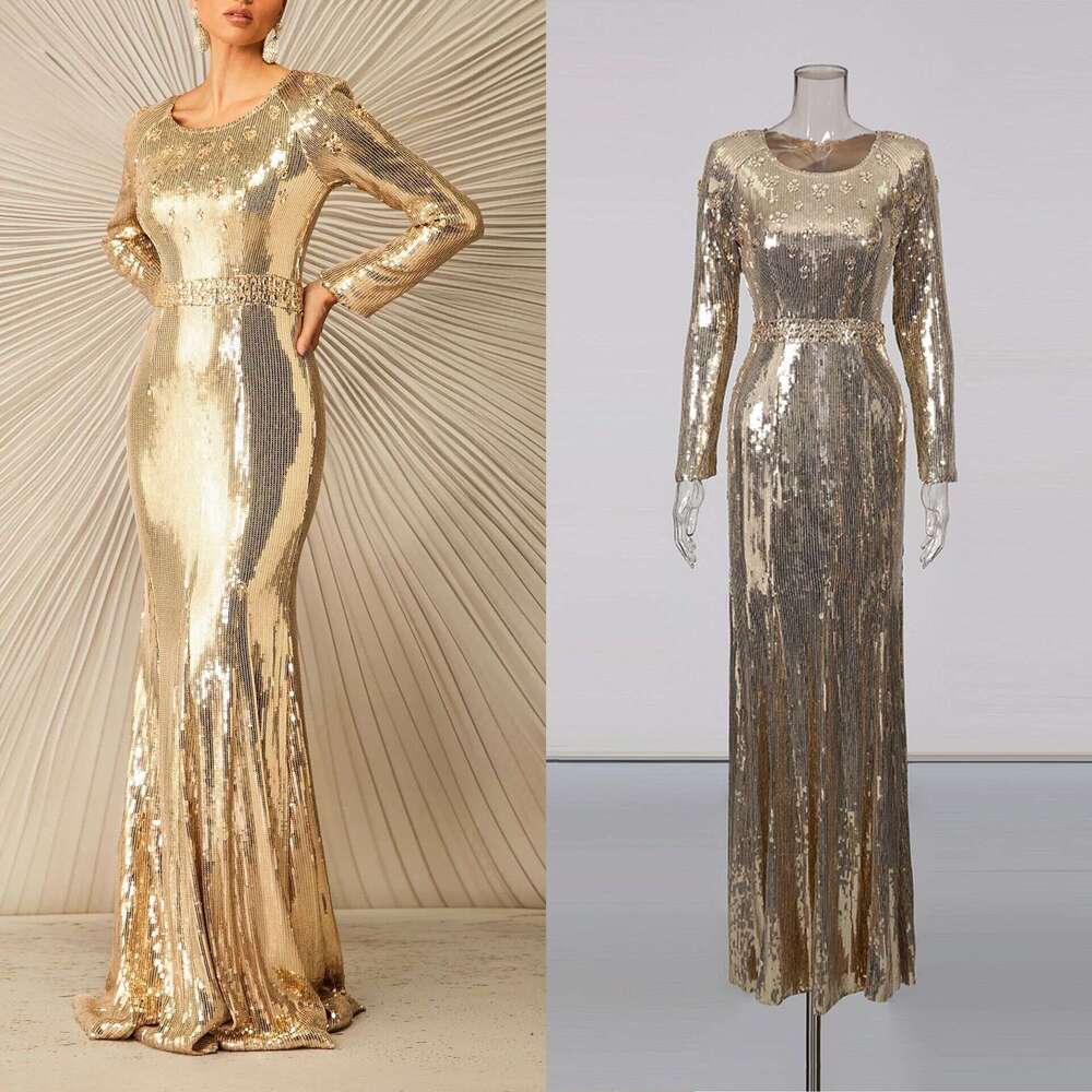 Celebrity Style gold Sequin Patchwork Evening Gown Long 2025 Autumn Winter New Women's Waist-Cinching Night club maxi dress SEXY DRESSES FOR WOME
