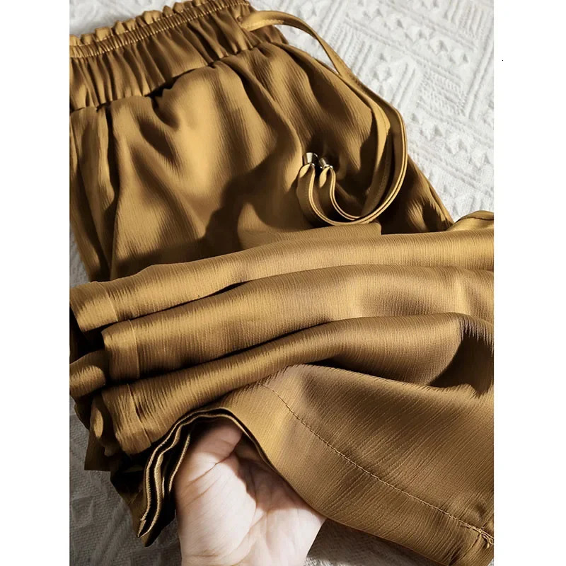 High Quality Wide Leg Pants Women Vintage Drawstring High Waist Satin Silk Pants Woman Casual Loose Straight Trousers 250409