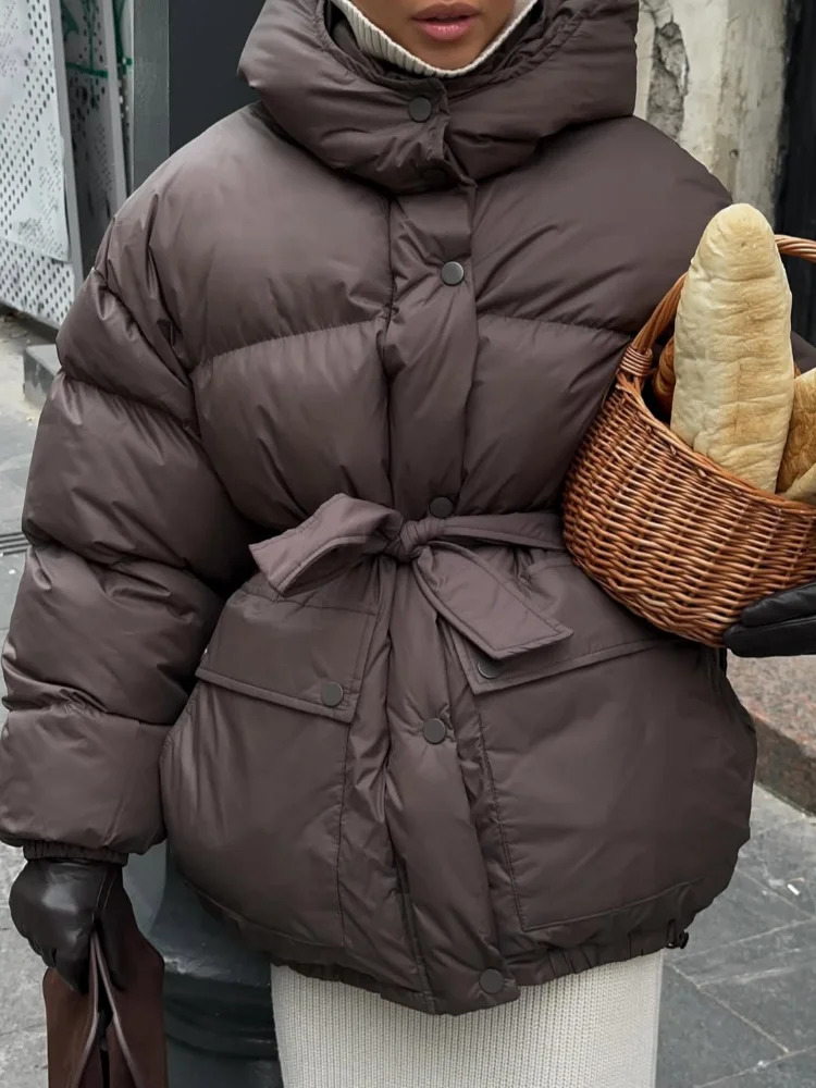 Stand Collar Lace Up Hooded Cotton Coat Women Brown Single Breasted Pocket Loose Warm Outerwear Lady Winter Commute Street Coats 251107