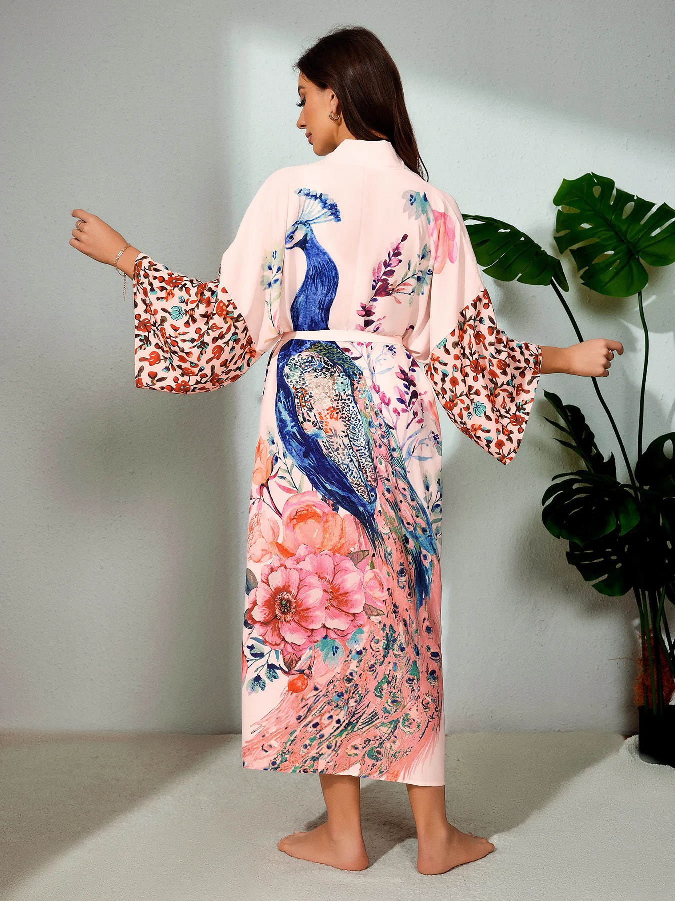 Peocock printed beach cover Ups kimono cardigan with waist belt wrapped dress Summer holiday bathroom set 250408