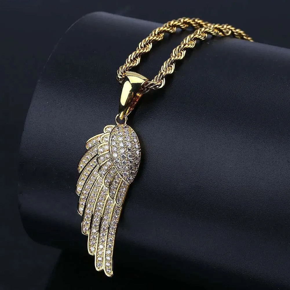 Hip Hop Rapper Men shiny dia gold necklace Iced out rhie Feather pendant micro-inset full zircon jewelry night club rope twist chain 1513