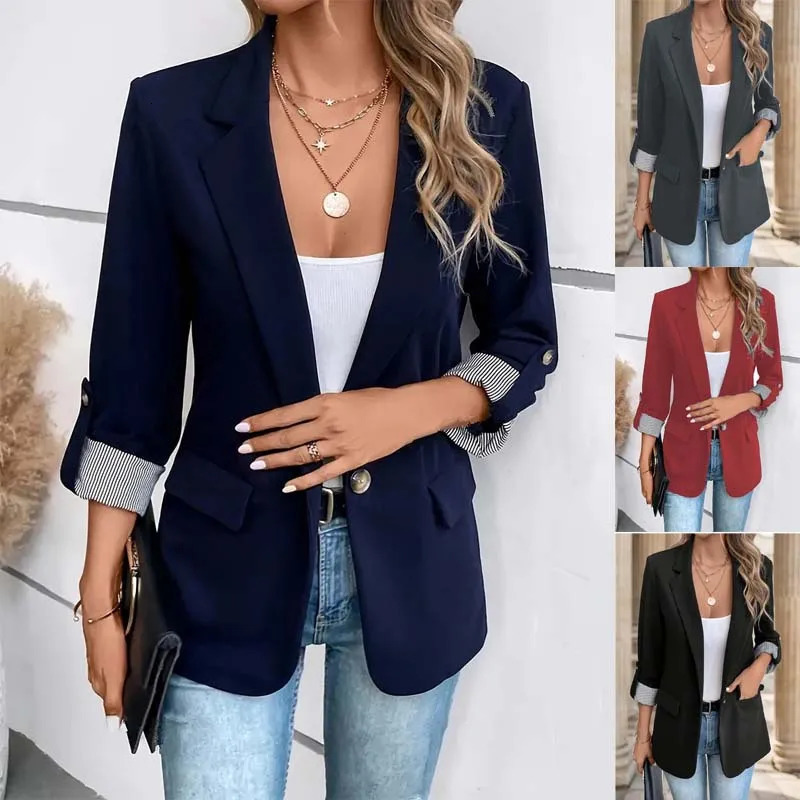 Womens Slim Fit Casual Button Blazer European Style Roll Up 7Pt Sleeve Trendy Suit Jacket 251110