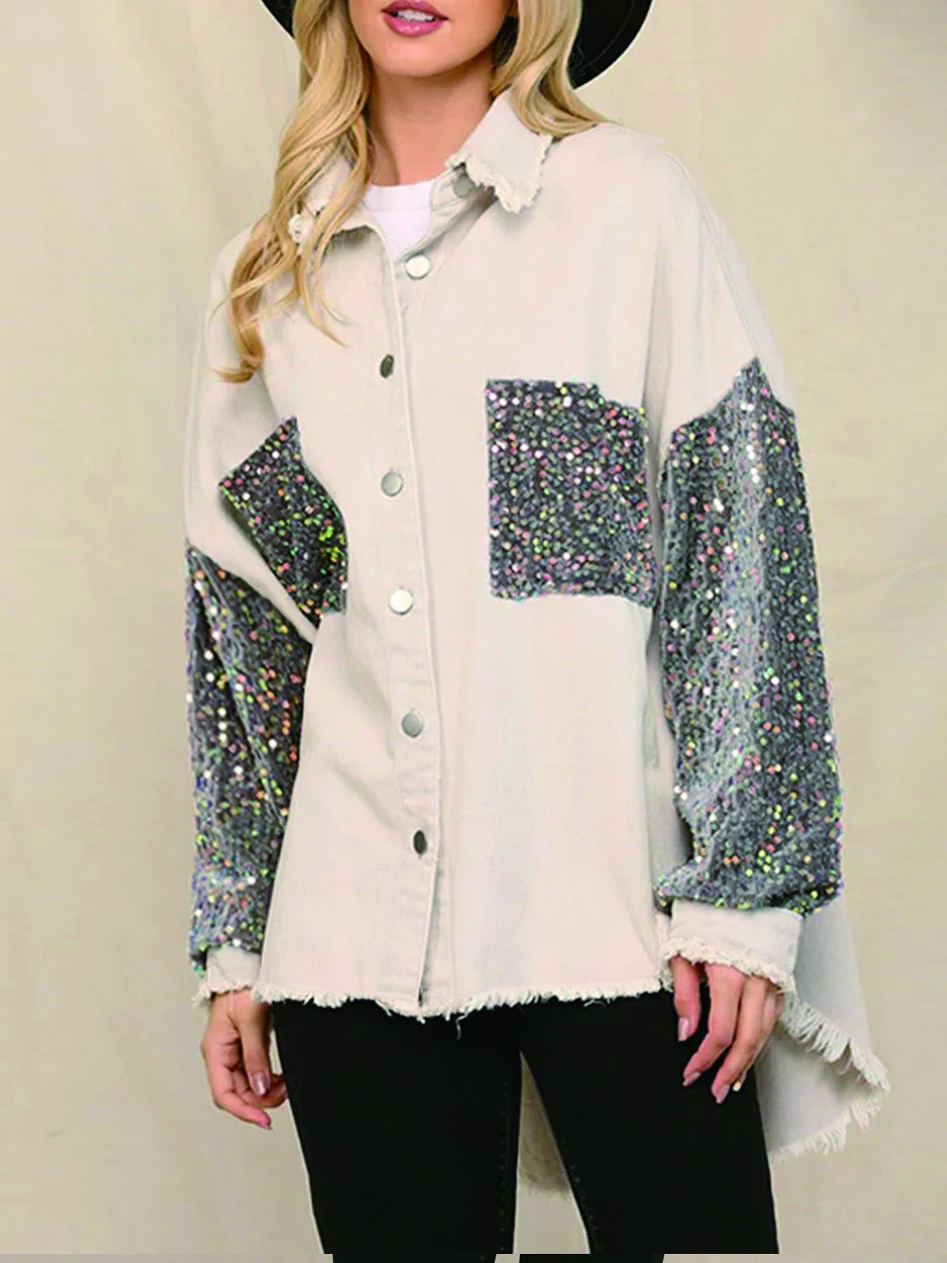 Women's Sequin Patchwork Denim Jacket, Raw Edge Fringe Loose Fit Cotton Coat---D400