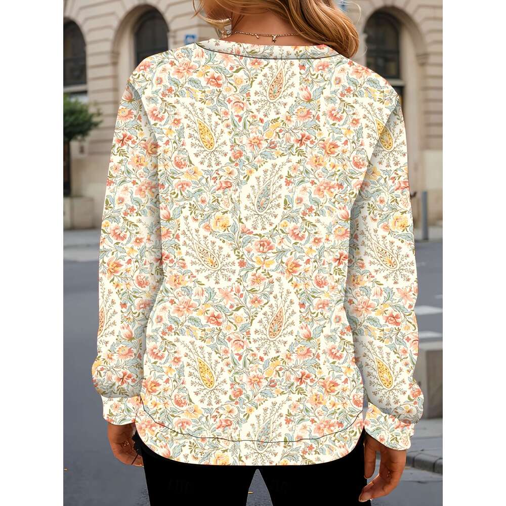 Women's Scottish Plaid Paisley Print Sweatshirt Soft Pastel Multi-Color Floral Design Pink/Blue/Yellow/Red/White - All-Season Crew Neck Casual Sw
