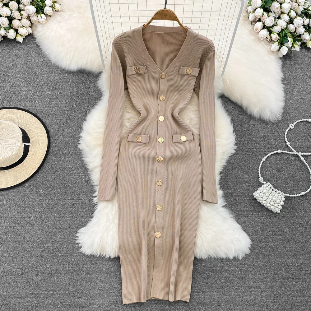 REALEFT Autumn Winter VNeck Womens Knitted Dresses Single Breasted Long Sleeve Solid Front Split Midi Female 251110