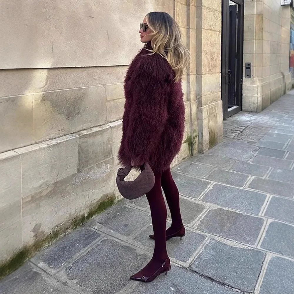Vinatge Burgundy Women Winter Eco Fur Coat Suit Collar Overzied Female Faux Jacket Loose Fluffy Artificial For Lady 251110