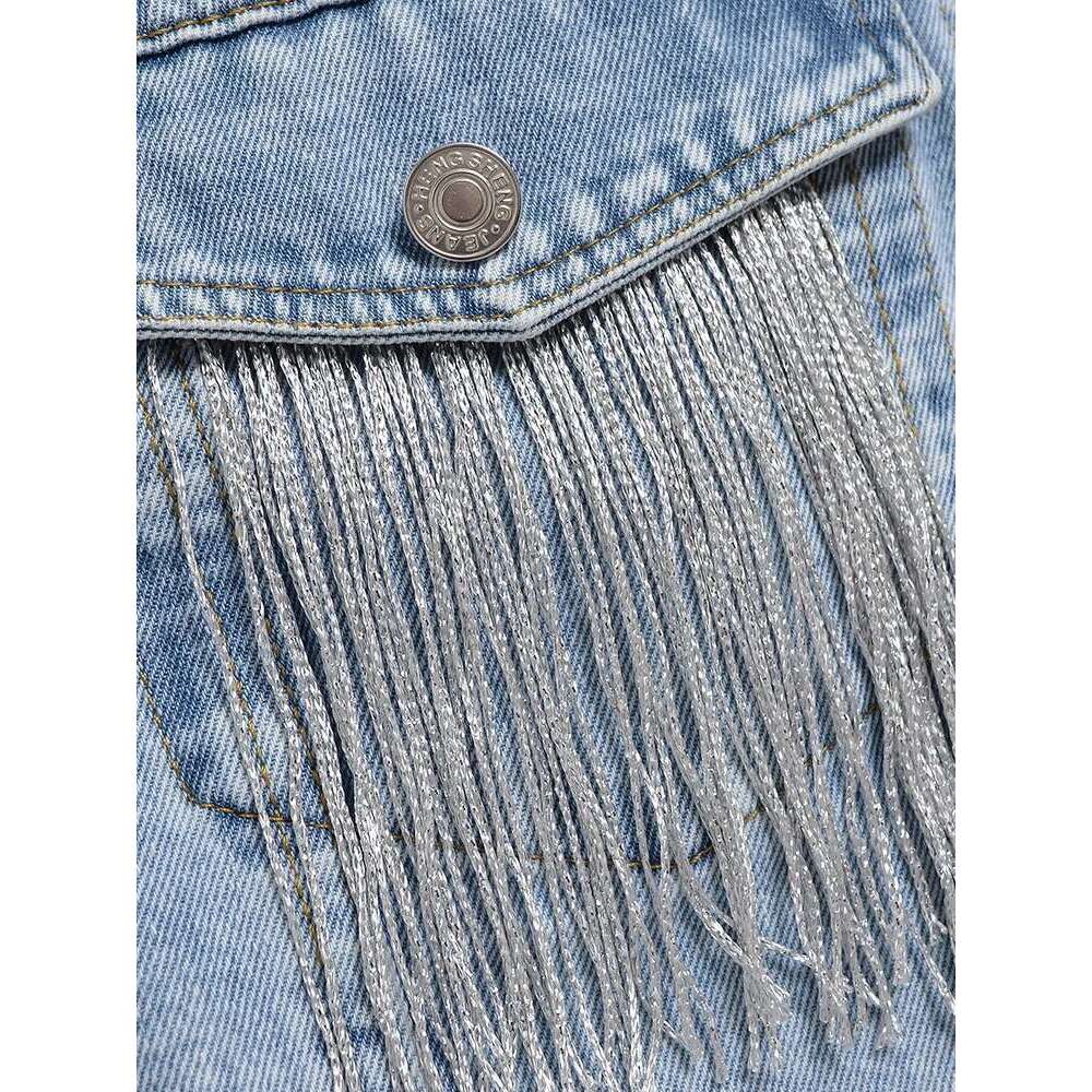Fitaylor Autumn Winter Women Vintage Long-Sleeve Loose Tassel Blue Short Denim Jacket Lady Single Breasted Pocket Jeans Coat