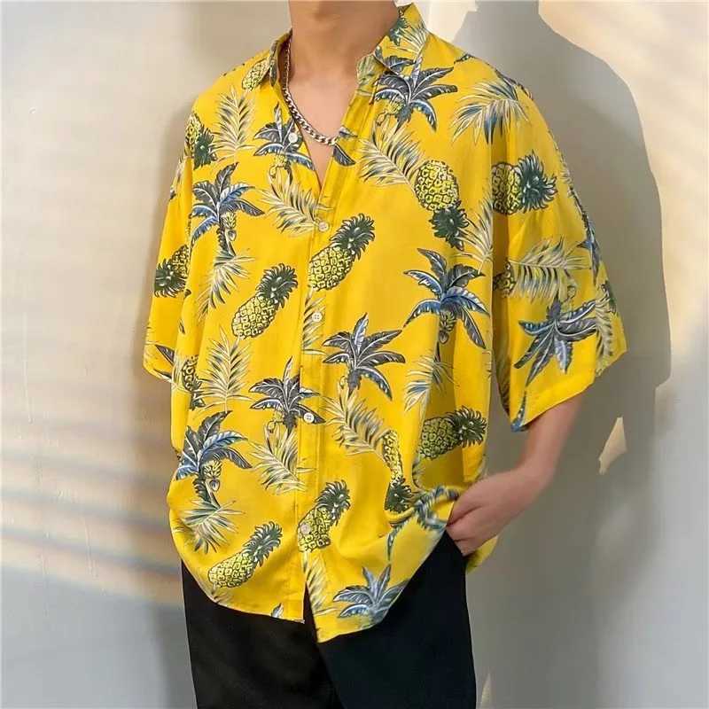 Hawaiian mens summer casual fashion loose short sleeved button up collar shirt beach palm beach printed loose top X250410