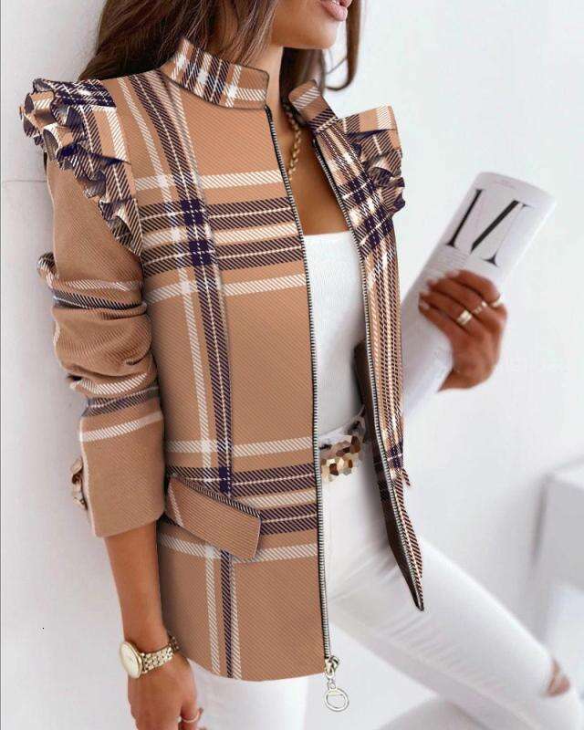 2025 Independent Station Wish Amazon Hot Item Autumn Winter Ruffled Long Sleeve Zipper Printed Blazer Jacket for Women
