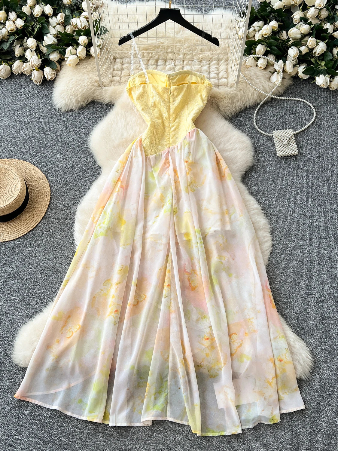 Holiday Yellow Beach Dress Women Summer Sequin Embroidery Mesh Stitching Irregular Printed Strapless Dresses Ladies Eleagnt Robe 250409