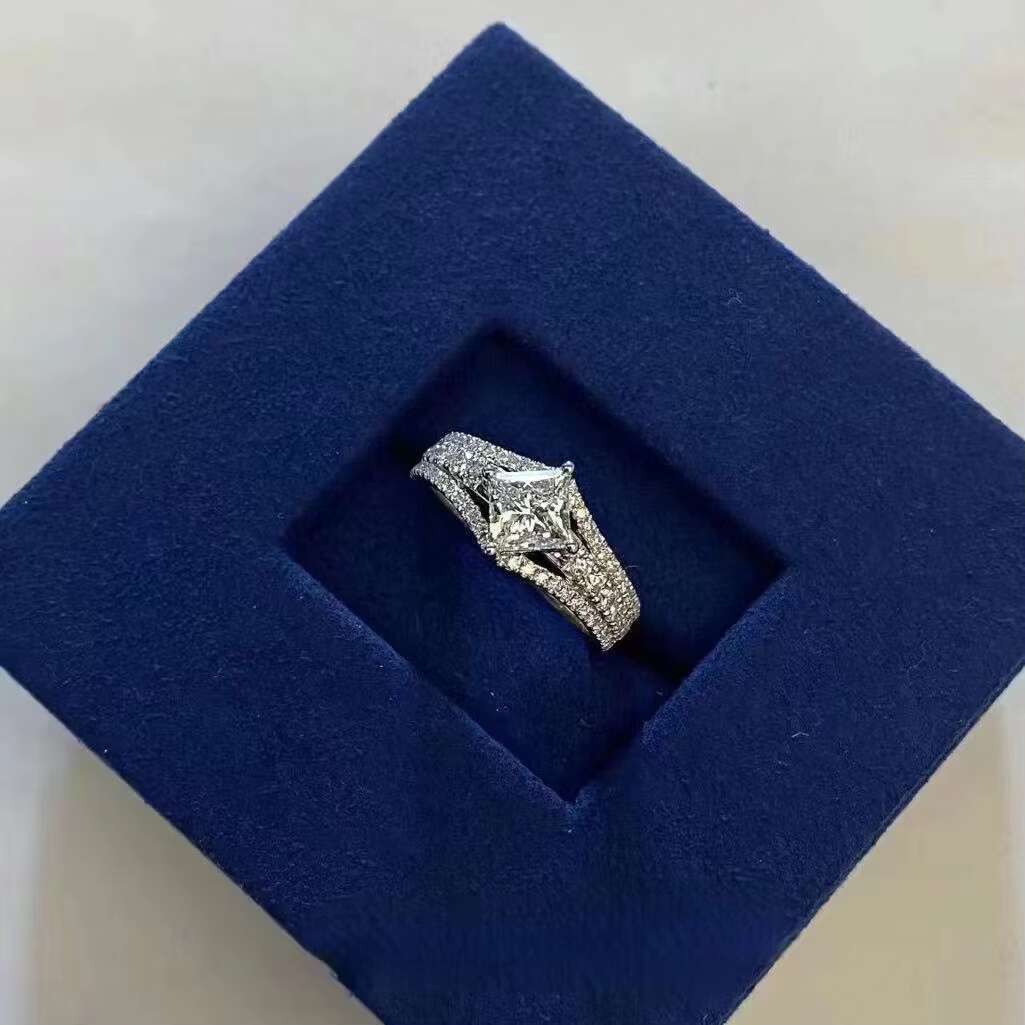 Womens Square Moissanite Diamond Ring 925 Silver Plated Multi-Layer Crown Wedding Ring D Color Wholesale Price