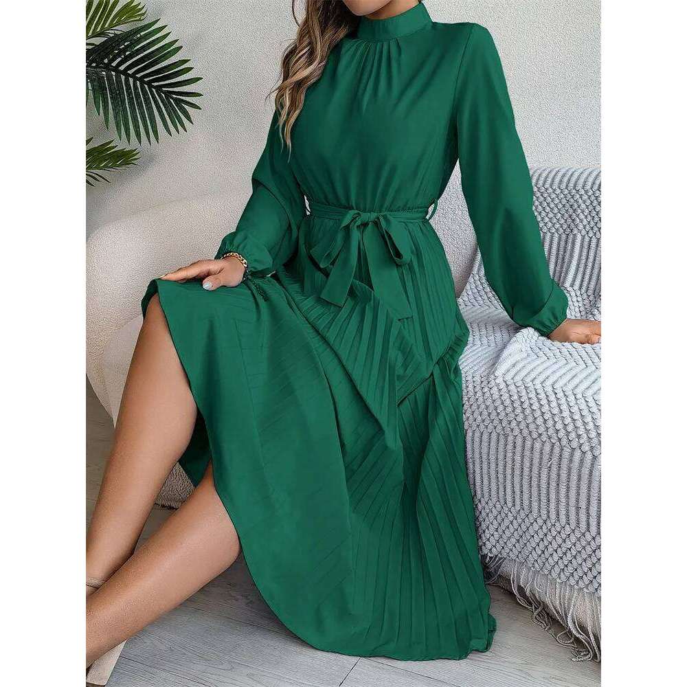 Msfilia Elegant Stand Collar Spring Summer Solid Long Women Full Sleeve High Waist Design Pleated Dress