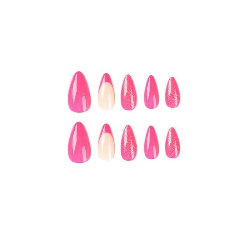 Rose pink French glitter pink wearable almond shaped fashionable fake nails complete set of decorative fake nails pressed with glue on the nails W2504