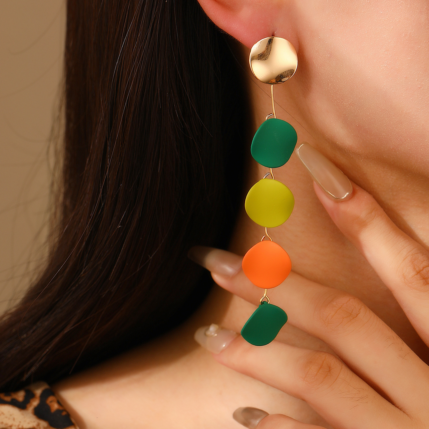 New High-End Niche Style Colorful Asymmetric Contrast Color Round Metal Long Stud Earrings for Women