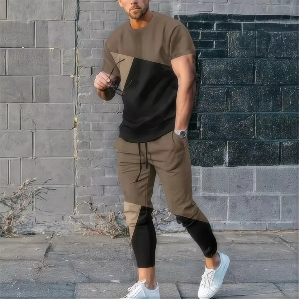 Summer Mens Sweatshirt 3D Printed Short Sleeve T-shirt Long Pants Street Wear 2-piece Set 250410