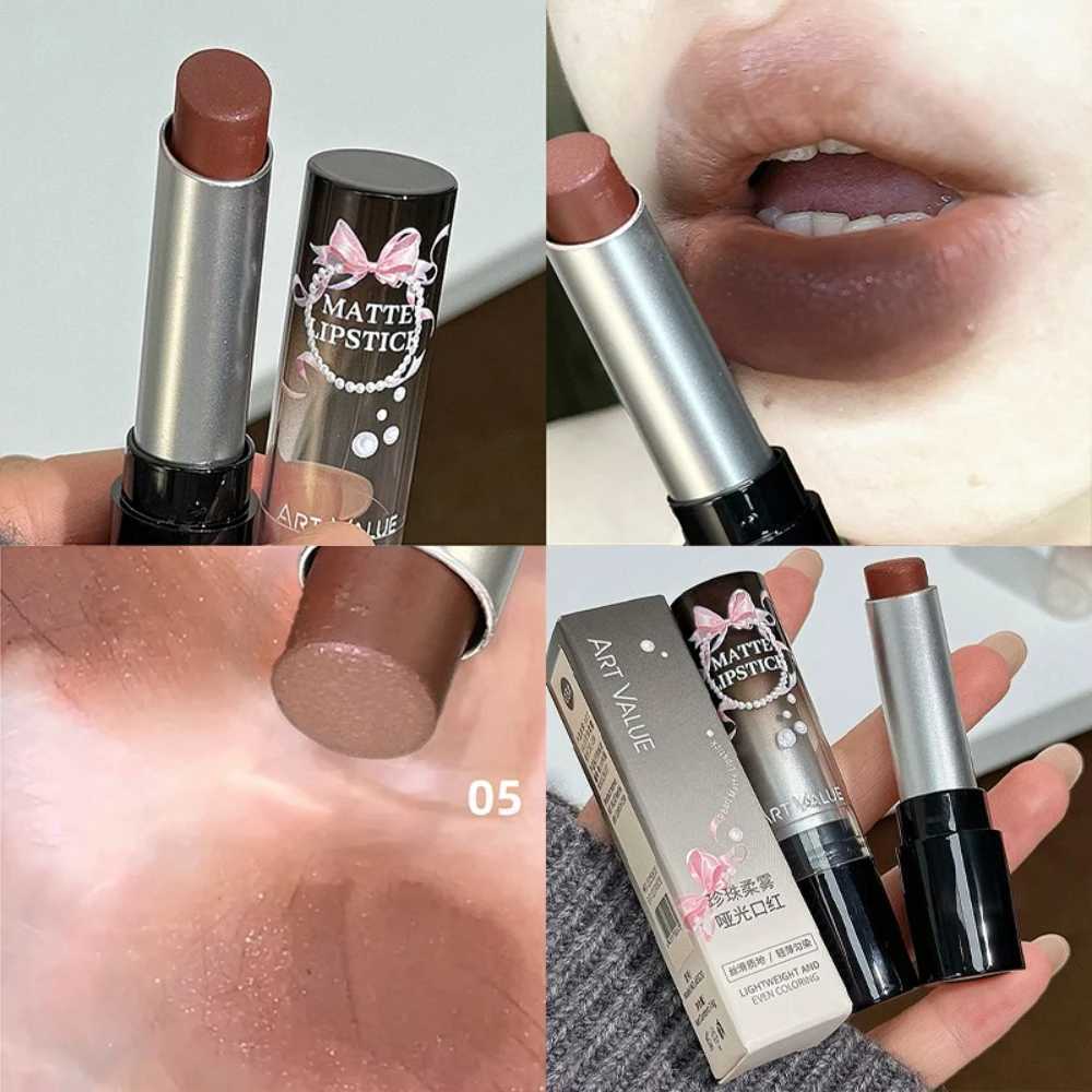 1Pc Moisturizing Velvet Matte Lipstick Bow Hazelnut Mousse Long Waterproof Light Natural Warm Brown Toned Lip Tint Make Up StainT251110