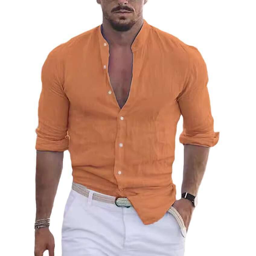 Cross-border 2025 New Men's Summer Beach Shirt Long Sleeve Solid Color Hawaiian Holiday Clothing