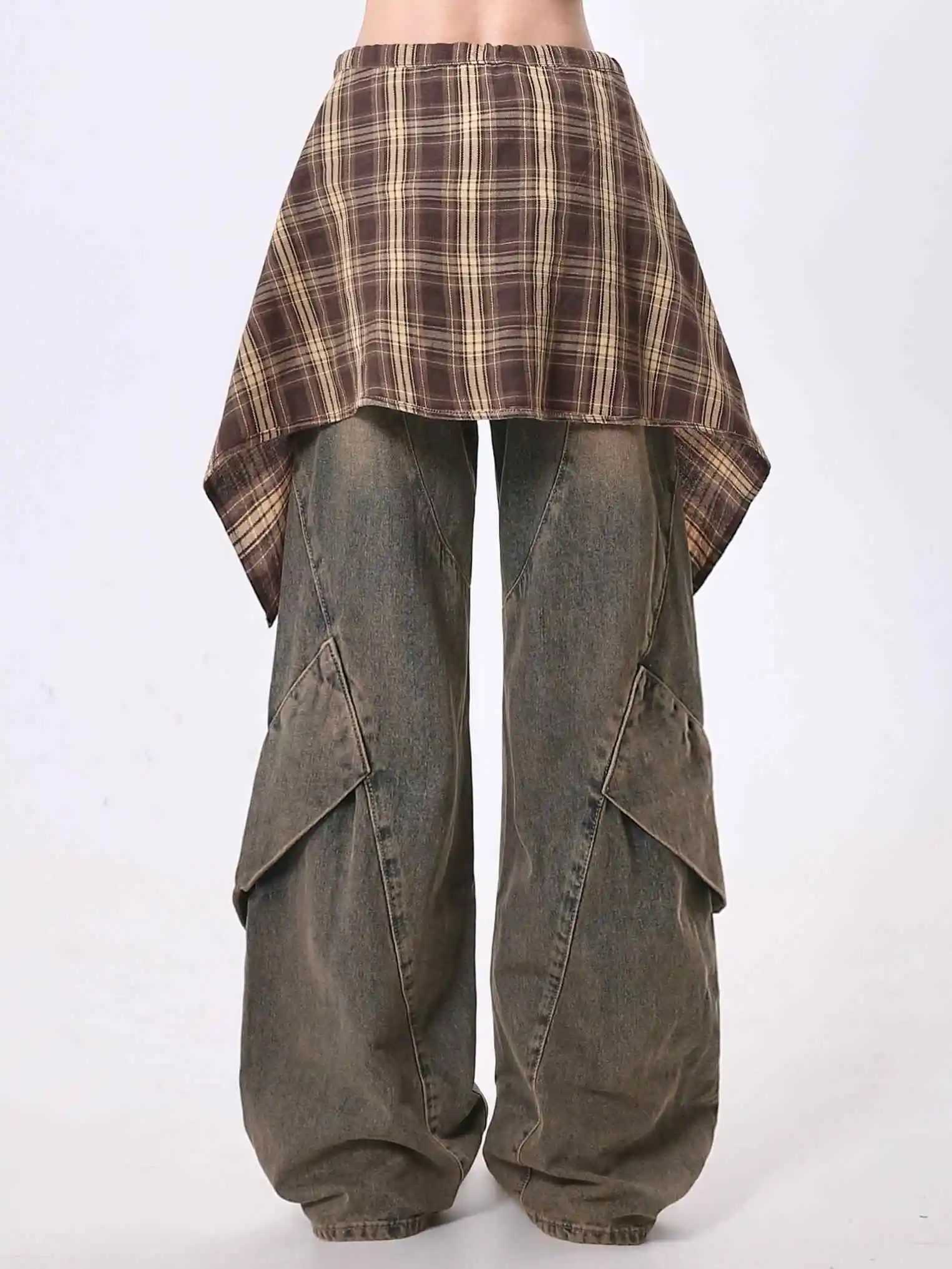 Women Blue Y2k Jeans with Skirt Harajuku Vintage Baggy Denim Trousers Japanese 2000s Style Oversize Jean Long Pants Clothes New C251110