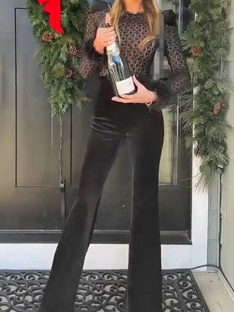 New Sequined Black Feathers Round Neck Gold Velvet Stitching Swedish Jumpsuit Casual Womens Sexy Swedish Jumpsuit W250306