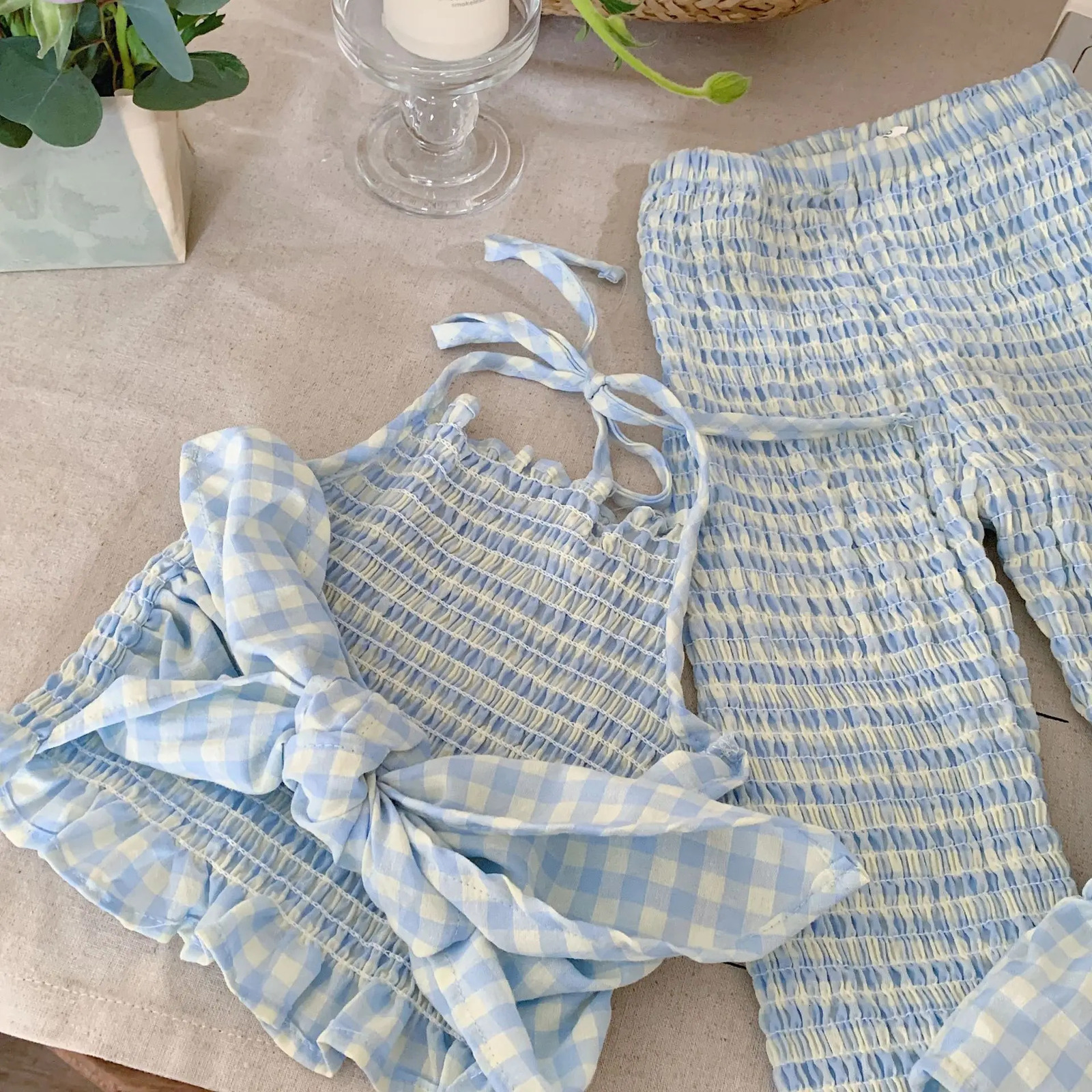 Summer 2-6 year old baby girl 2PCS clothing set sleeveless blue solid color sling elastic waist cotton pants set childrens clothing 250409